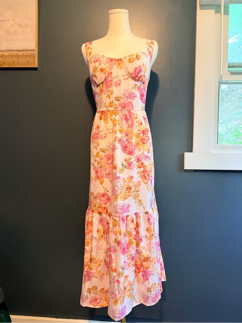Floral Pink & Yellow Tiered Midi Dress